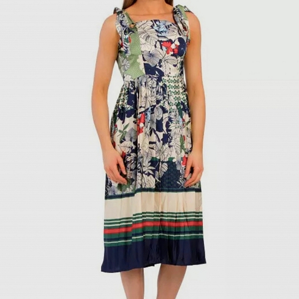 NWT Dalia MacPhee Pleated Tie Shoulder Floral Dress, Size S